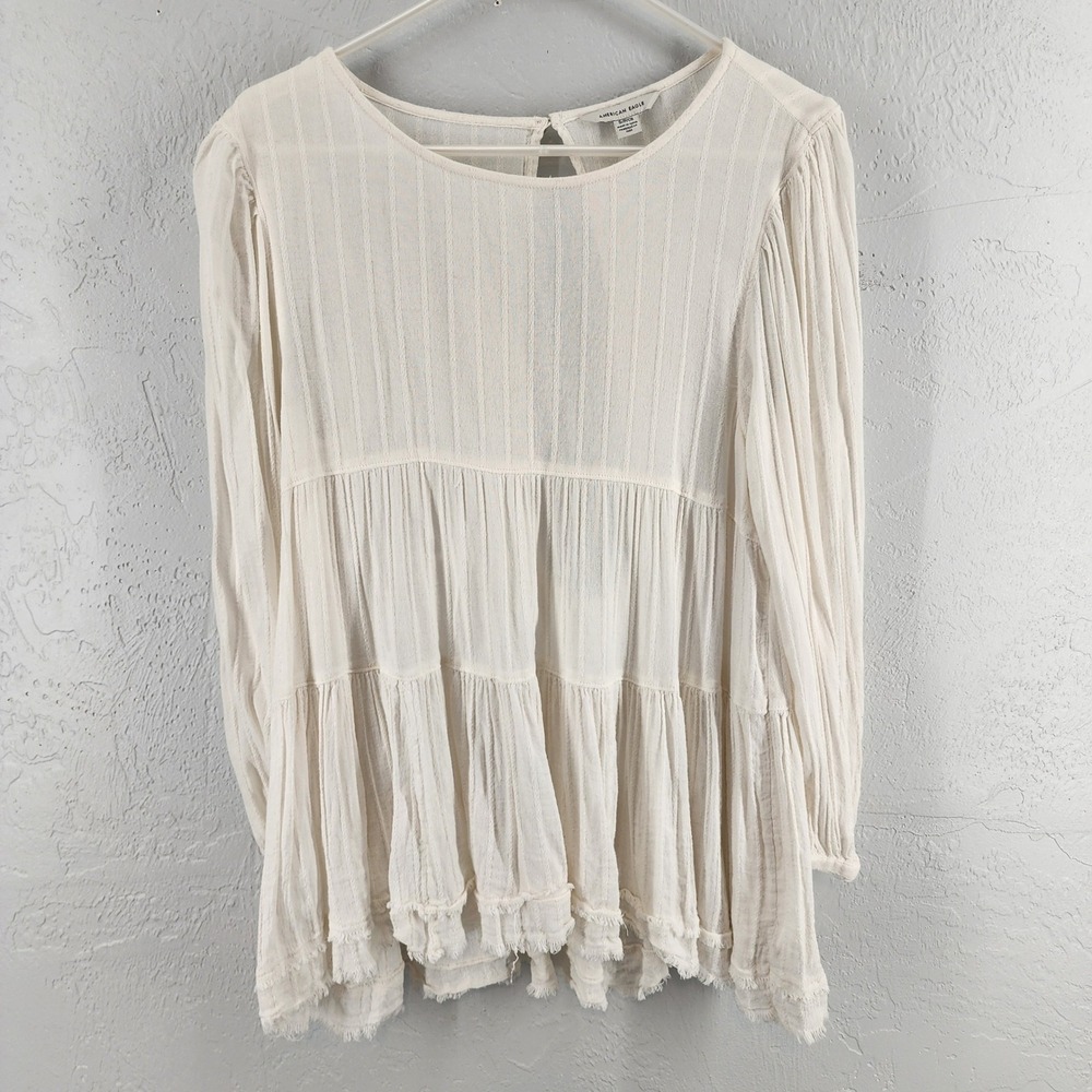 American Eagle Cream Babydoll Tiered Open Back Frayed Hem Boho Top Womens S